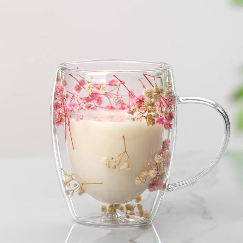 350ML Double Wall Glass Mug with Handle Floral Design