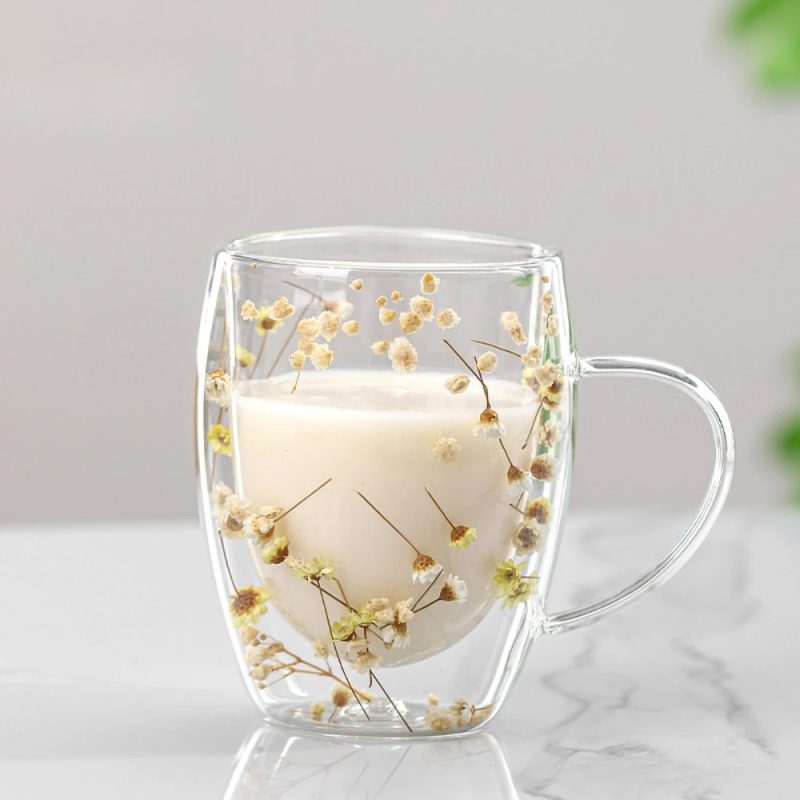 350ML Double Wall Glass Mug with Handle Floral Design - Image 2