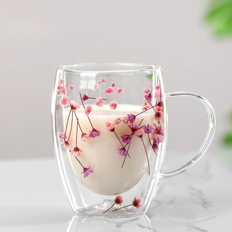 350ML Double Wall Glass Mug with Handle Floral Design - Image 3