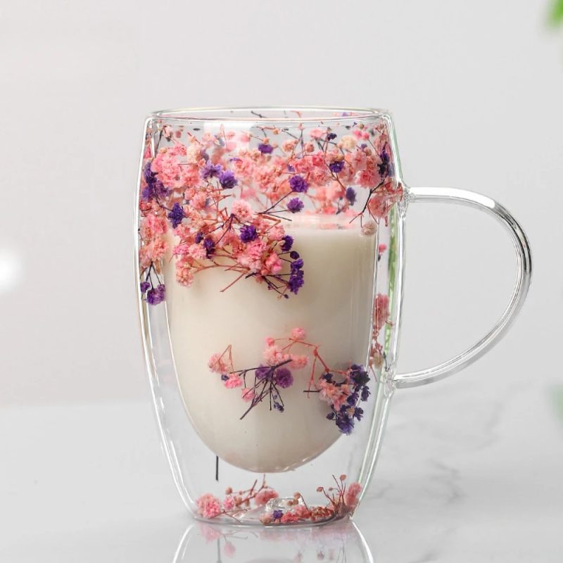 350ML Double Wall Glass Mug with Handle Floral Design - Image 4