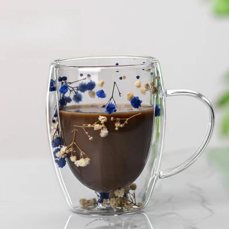 350ML Double Wall Glass Mug with Handle Floral Design - Image 5