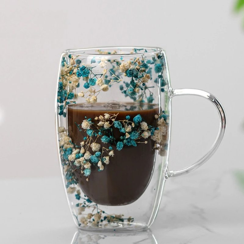 350ML Double Wall Glass Mug with Handle Floral Design - Image 6